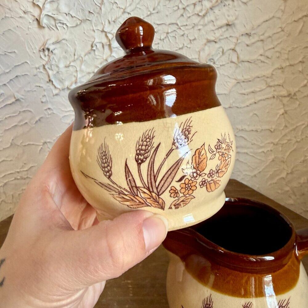 Vintage Stoneware Creamer & Sugar Bowl Set | Brown Drip Glaze Wheat Design - Picture 2 of 11